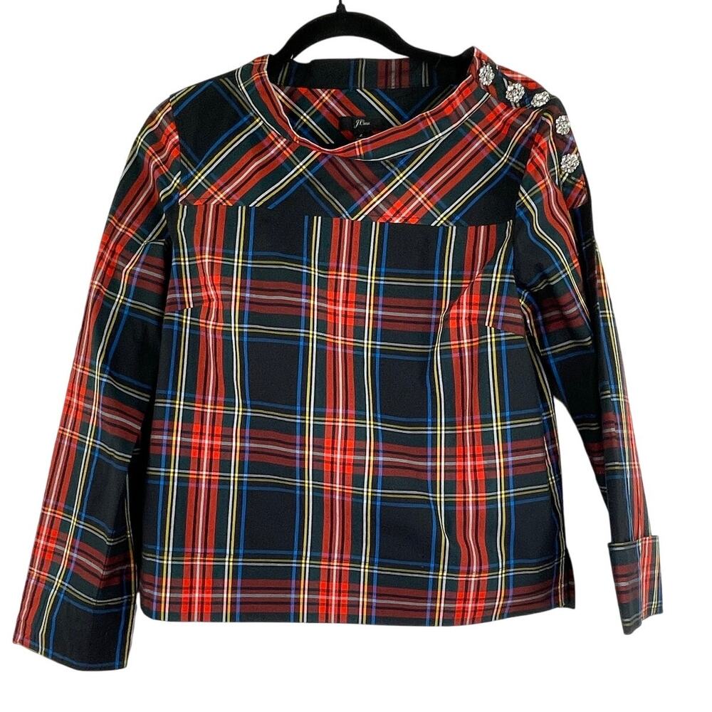 J. Crew Steward Tartan Holiday Plaid Blouse Jeweled Shoulder Women's Sz 2 FLAWED